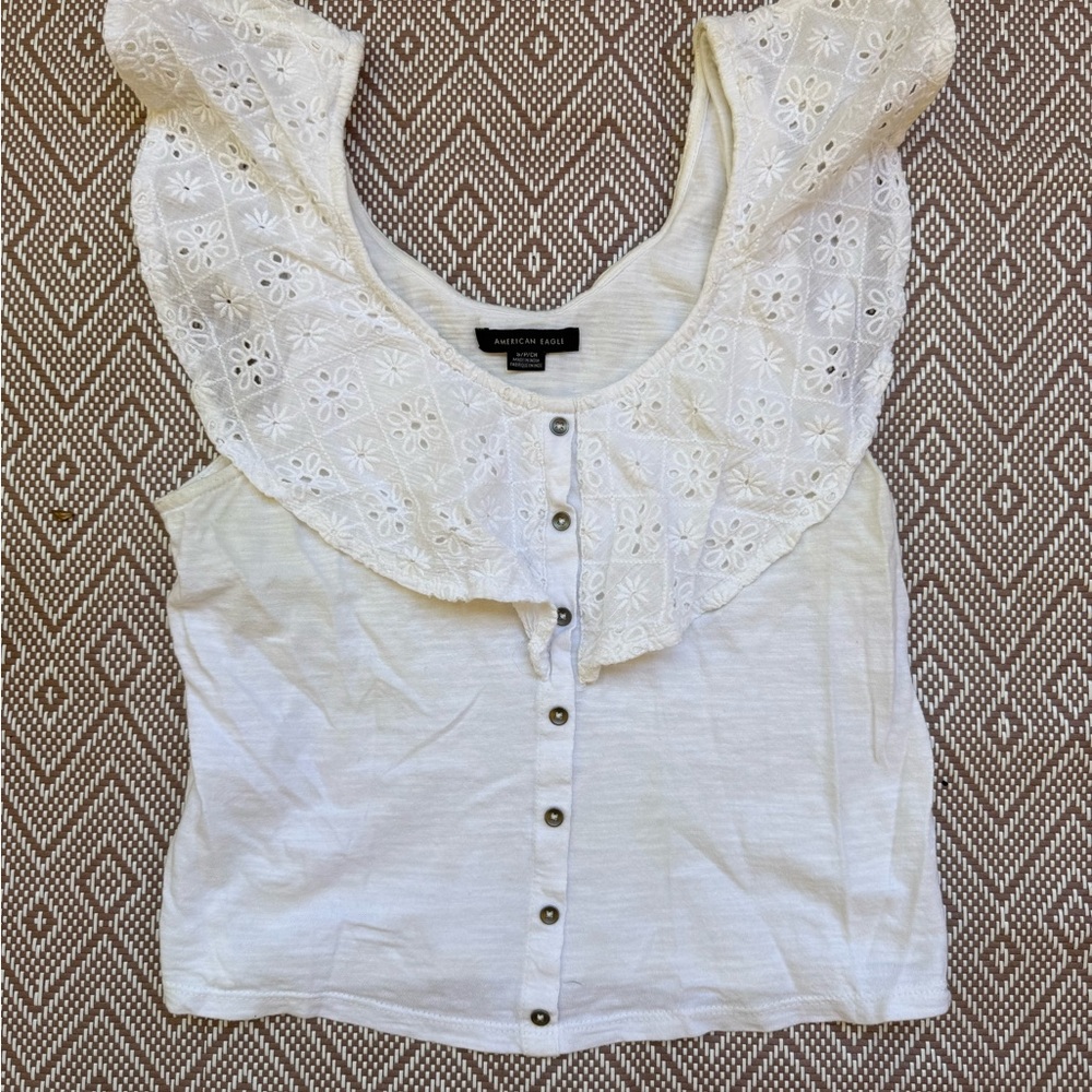 American Eagle Outfitters White Eyelet Ruffle Button-Front Tank Top